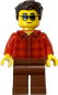 Preview: Mann Minifigur mit rotem Karohemd und Sonnenbrille Vorderansicht
