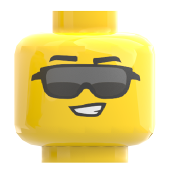 LEGO® Kopf mit schwarzer Sonnenbrille – fröhlich lächelnd