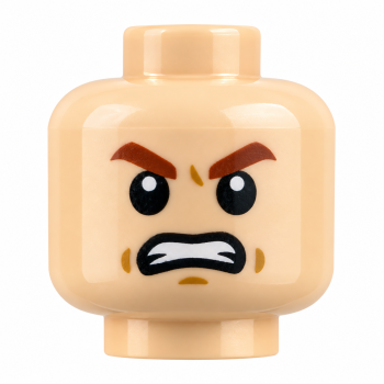 Preview: LEGO® Minifiguren-Kopf in Hautfarbe mit wütendem Gesicht, braunen Augenbrauen und sichtbaren Zähnen