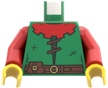 Preview: LEGO® Forestman Minifiguren Torso mit grünem Hemd, rotem Kragen und Gürtel vorn