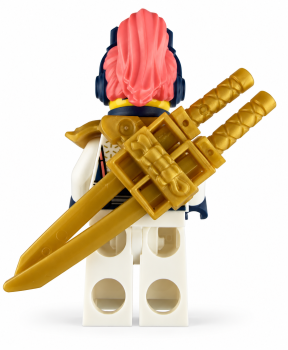 Preview: LEGO® NINJAGO Sora Rückseite mit Katzen-Kopfhörern und zwei goldfarbenen Schwertern