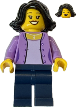 Preview: LEGO City Minifigur Frau mit lila Cardigan und dunkler Kurzhaarfrisur Vorderansicht