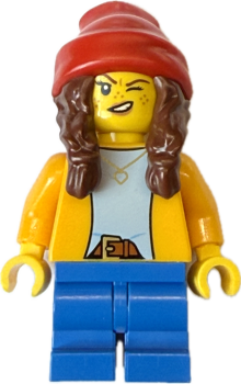LEGO City Minifigur Mädchen mit roter Mütze und gelber Jacke Vorderansicht