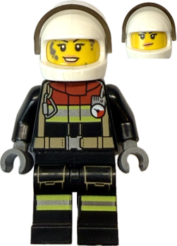 Preview: Feuerwehrfrau Minifigur mit Schutzhelm und Einsatzuniform Vorderansicht