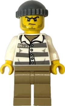 Gefangener Minifigur mit Streifenhemd und schwarzer Mütze Vorderansicht