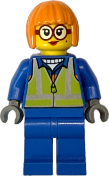 LEGO Bauarbeiterin Minifigur mit grüner Warnweste und roter Brille Vorderansicht