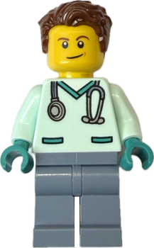 LEGO Arzt Minifigur mit mintfarbener Klinikbekleidung und Stethoskop Vorderansicht