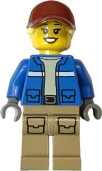 LEGO Tierretter Minifigur mit blauer Rescue-Jacke und roter Cap Vorderansicht