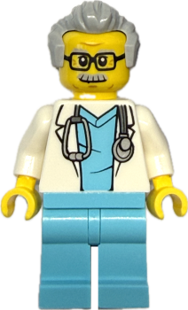 LEGO City Chefarzt Minifigur mit Brille und grauer Frisur Vorderansicht