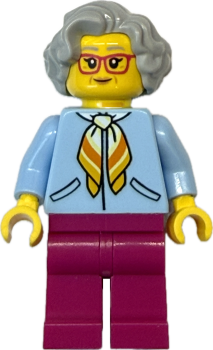 LEGO Oma mit roter Brille und hellblauer Jacke Vorderseite