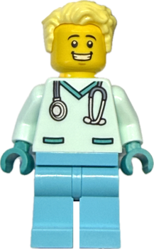 LEGO City Arzt Minifigur mit Stethoskop und hellblonder Frisur Vorderansicht