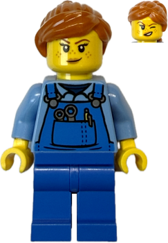 Preview: LEGO Hausmeisterin mit Blaumann und Werkzeugtasche Vorderseite