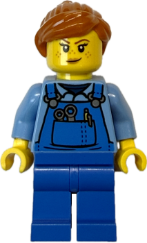 LEGO Hausmeisterin mit Blaumann und Werkzeugtasche Vorderseite