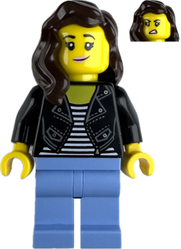 Preview: LEGO Minifigur Frau mit schwarzer Jacke und gestreiftem Shirt vorne