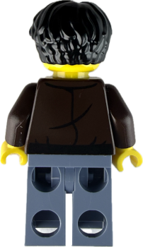 Preview: Rückseite LEGO Mann Minifigur mit brauner Jacke und schwarzen Haaren
