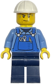 Preview: LEGO Minifigur Bauarbeiter mit weißem Helm und Presslufthammer Vorderansicht