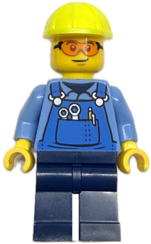 LEGO Minifigur Bauarbeiter mit gelbem Helm und Schutzbrille Vorderansicht