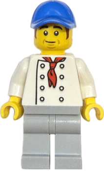 LEGO Minifigur Koch mit weißer Uniform und blauer Mütze Vorderansicht