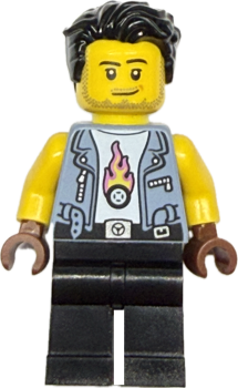 LEGO Minifigur Biker mit Lederweste und Flammenmotiv Vorderansicht