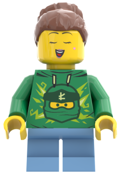 LEGO Minifigur Mädchen mit grünem Hoodie und Ninja-Aufdruck Vorderansicht