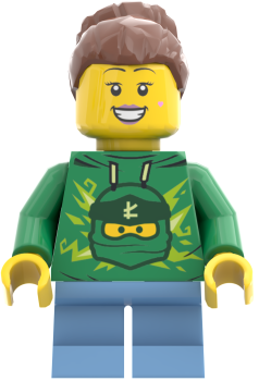 Preview: LEGO Minifigur Mädchen mit grünem Hoodie und Ninja-Aufdruck Vorderansicht