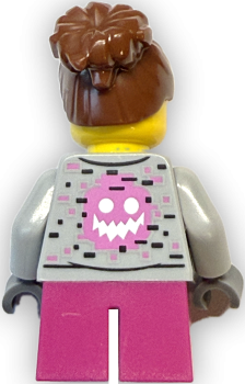 Preview: LEGO Minifigur Frau mit grauem Hoodie und Motivdruck Rückansicht