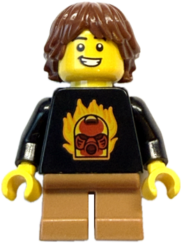 LEGO Minifigur Junge mit schwarzem Shirt und Flammenmotiv Vorderansicht