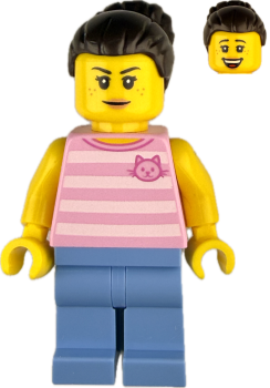 Preview: LEGO Mädchen Minifigur mit rosa Katzen-Shirt und dunklem Dutt