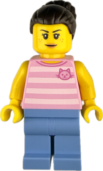 LEGO Mädchen Minifigur mit rosa Katzen-Shirt und dunklem Dutt
