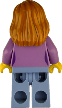 Preview: Rückseite der LEGO Frau Minifigur mit lilafarbener Jacke