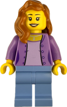 LEGO Frau Minifigur mit lila Jacke und rotbraunen Haaren