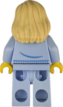 Preview: Rückseite der LEGO Frau Minifigur mit hellblauer Jacke