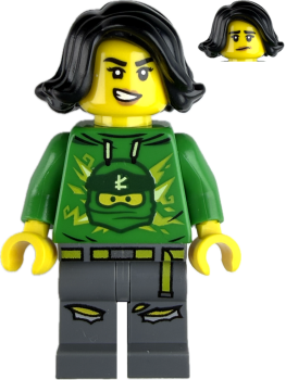 Preview: LEGO Minifigur Mädchen mit grünem Ninja-Hoodie und grauer Hose vorne