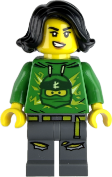 LEGO Minifigur Mädchen mit grünem Ninja-Hoodie und grauer Hose vorne