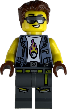 LEGO Minifigur Mann mit Sonnenbrille, Lederweste und Flammen Shirt vorne