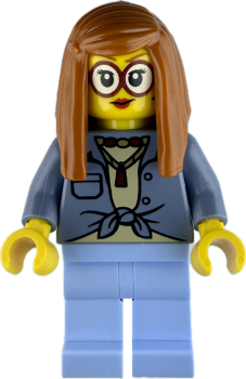 LEGO Minifigur Frau mit großer Brille, Bluse und hellblauer Hose vorne