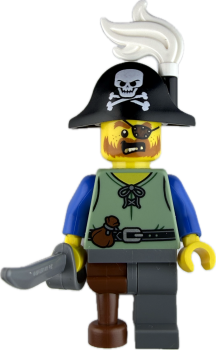 LEGO Minifigur Pirat mit Augenklappe, Säbel und Piratenhut vorne