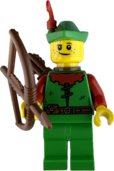 LEGO Minifigur Bogenschütze mit Bogen und Federhut vorne