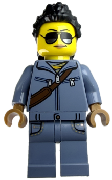 LEGO Minifigur Frau mit Sonnenbrille und grauer Jacke vorne