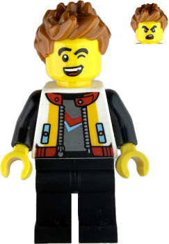Preview: LEGO Minifigur Teenager Junge mit Collegejacke und braunen Haaren vorne