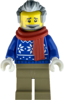 LEGO Minifigur älterer Mann mit Winterpullover und Schal vorne