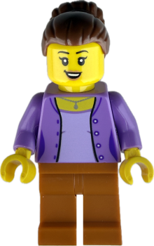 LEGO Minifigur Frau mit lila Jacke und Hochsteckfrisur vorne