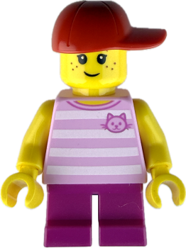 LEGO Minifigur Mädchen mit Katzen Shirt und Cap vorne