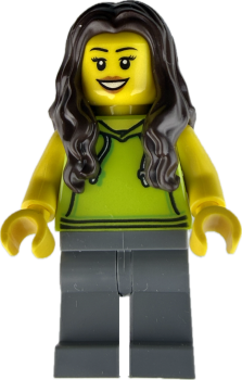 LEGO Minifigur Frau mit grünem Hoodie und langen dunklen Haaren vorne