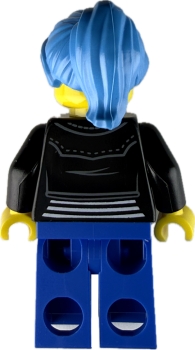 Preview: Rückseite LEGO Frau Minifigur mit blauen Haaren und schwarzer Jacke