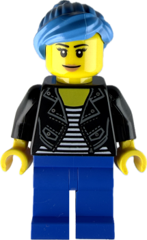 LEGO Frau Minifigur mit blauen Haaren und schwarzer Lederjacke