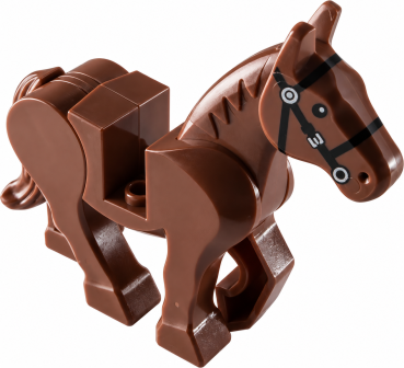 LEGO® Pferd in Reddish Brown mit bedrucktem schwarzem Zaumzeug – seitliche Vorderansicht