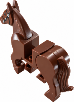 Preview: LEGO® Pferd in Reddish Brown mit schwarzem Zaumzeug, brauner Mähne und Schweif – Ansicht von hinten