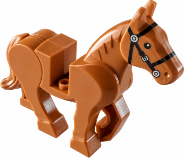LEGO® Pferd in Dark Orange mit bedrucktem schwarzem Zaumzeug – seitliche Vorderansicht