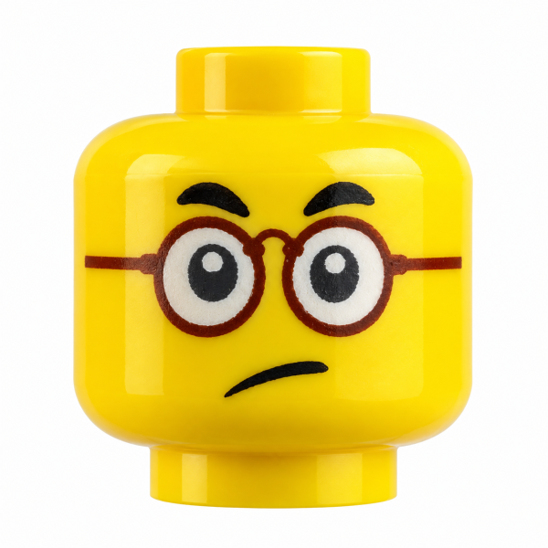 Bild 1: LEGO® Minifiguren-Kopf mit runder Brille und nachdenklichem Gesicht